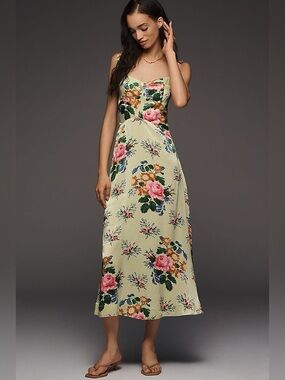 Anthropologie Maeve Jocelyn Sleeveless Slip Midi Dress Green Floral Striped Sz S